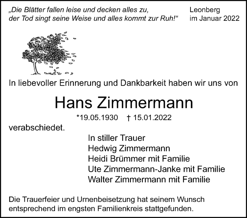  Traueranzeige für Hans Zimmermann vom 22.01.2022 aus Leonberger Kreiszeitung / Strohgäu Extra