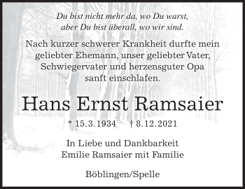 Traueranzeige von Hans Ernst Ramsaier von Leonberger Kreiszeitung / Strohgäu Extra