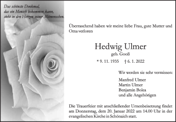 Traueranzeige von Hedwig Ulmer von Leonberger Kreiszeitung / Strohgäu Extra