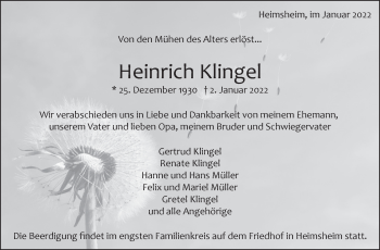 Traueranzeige von Heinrich Klingel von Leonberger Kreiszeitung / Strohgäu Extra