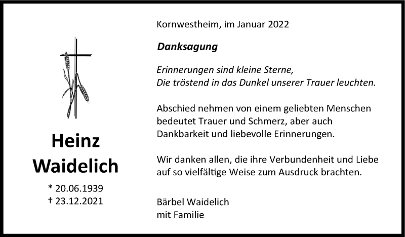  Traueranzeige für Heinz Waidelich vom 11.01.2022 aus Leonberger Kreiszeitung / Strohgäu Extra