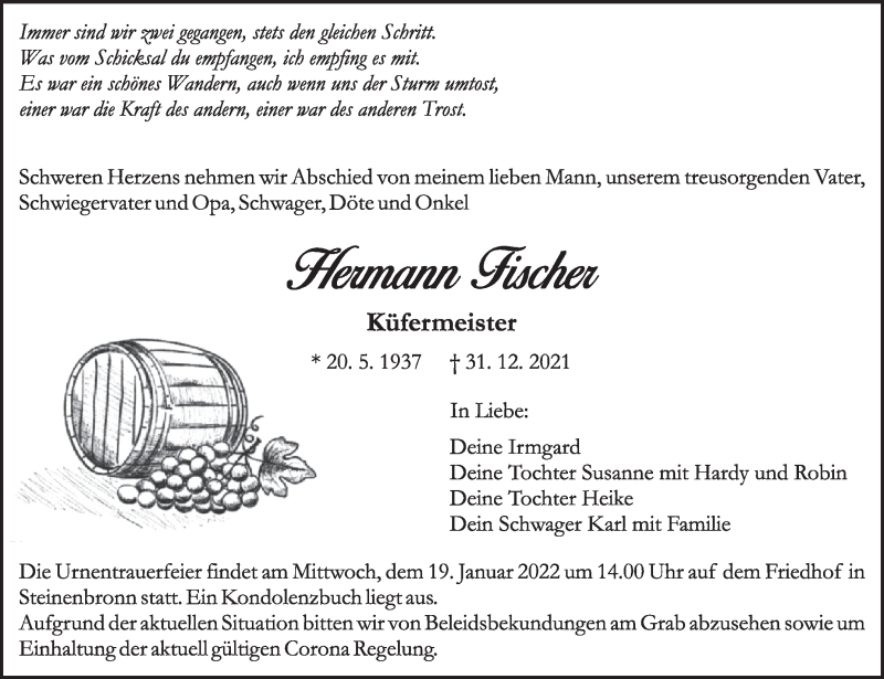  Traueranzeige für Hermann Fischer vom 13.01.2022 aus Leonberger Kreiszeitung / Strohgäu Extra