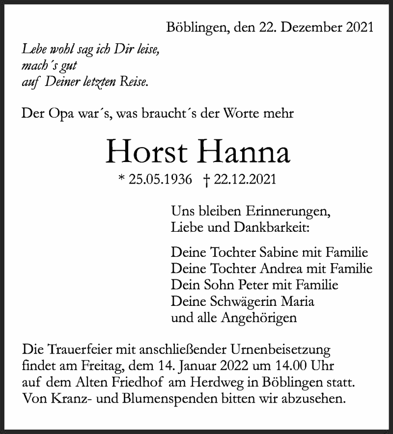  Traueranzeige für Horst Hanna vom 03.01.2022 aus Leonberger Kreiszeitung / Strohgäu Extra