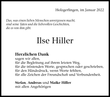 Traueranzeige von Ilse Hiller von Leonberger Kreiszeitung / Strohgäu Extra
