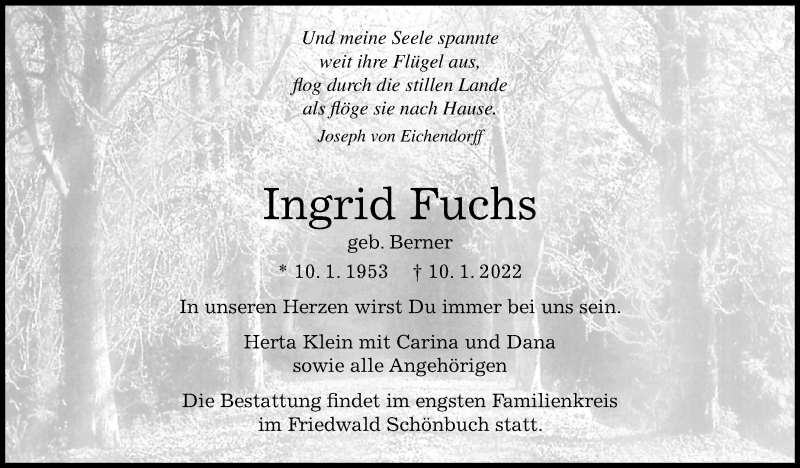  Traueranzeige für Ingrid Fuchs vom 20.01.2022 aus Leonberger Kreiszeitung / Strohgäu Extra