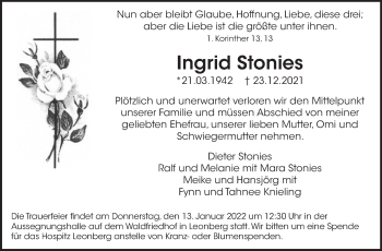 Traueranzeige von Ingrid Stonies von Leonberger Kreiszeitung / Strohgäu Extra