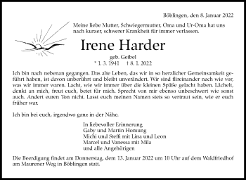Traueranzeige von Irene Harder von Leonberger Kreiszeitung / Strohgäu Extra