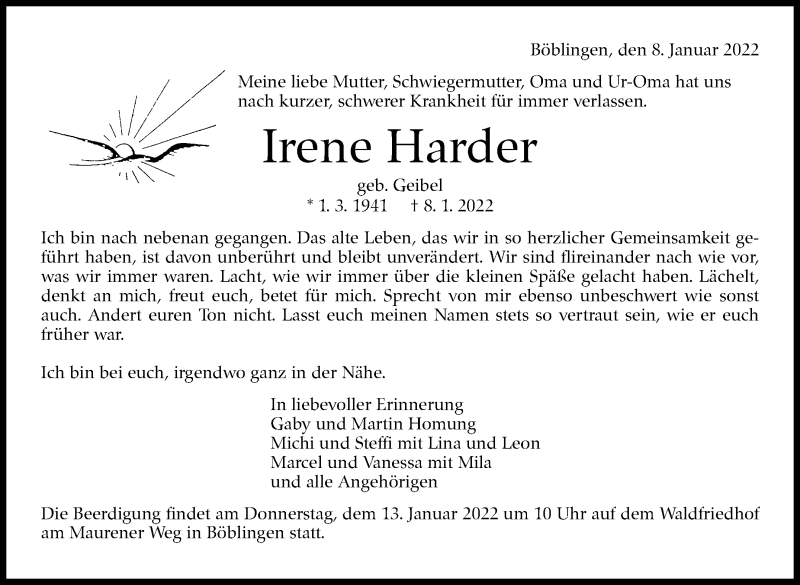  Traueranzeige für Irene Harder vom 11.01.2022 aus Leonberger Kreiszeitung / Strohgäu Extra
