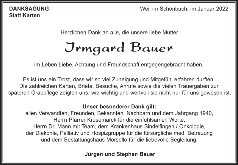  Traueranzeige für Irmgard Bauer vom 13.01.2022 aus Leonberger Kreiszeitung / Strohgäu Extra
