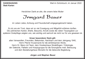 Traueranzeige von Irmgard Bauer von Leonberger Kreiszeitung / Strohgäu Extra