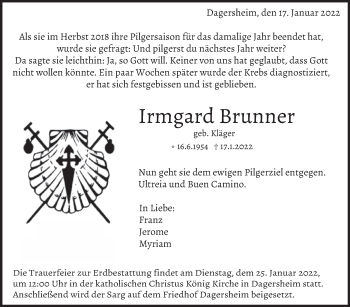 Traueranzeige von Irmgard Brunner von Leonberger Kreiszeitung / Strohgäu Extra