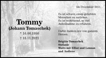 Traueranzeige von Johann Tomaschek von Leonberger Kreiszeitung / Strohgäu Extra