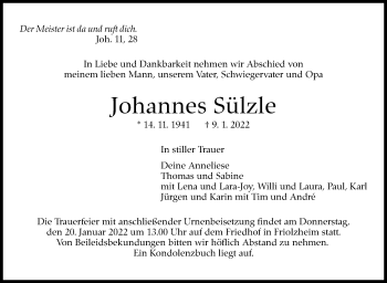 Traueranzeige von Johannes Sülzle von Leonberger Kreiszeitung / Strohgäu Extra