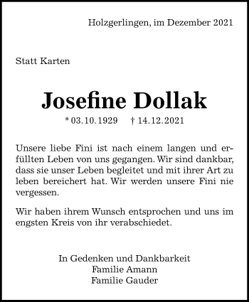 Traueranzeige von Josefine Dollak von Leonberger Kreiszeitung / Strohgäu Extra