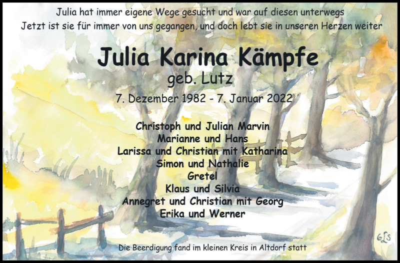  Traueranzeige für Julia Karina Kämpfe vom 22.01.2022 aus Leonberger Kreiszeitung / Strohgäu Extra
