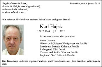 Traueranzeige von Karl Hajek von Leonberger Kreiszeitung / Strohgäu Extra