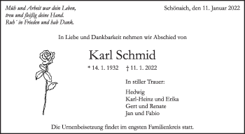 Traueranzeige von Karl Schmid von Leonberger Kreiszeitung / Strohgäu Extra