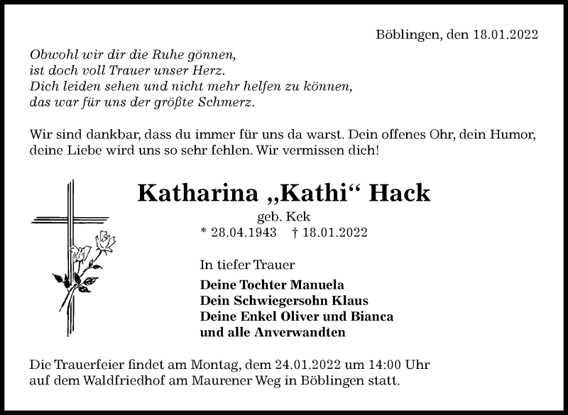  Traueranzeige für Katharina Hack vom 20.01.2022 aus Leonberger Kreiszeitung / Strohgäu Extra