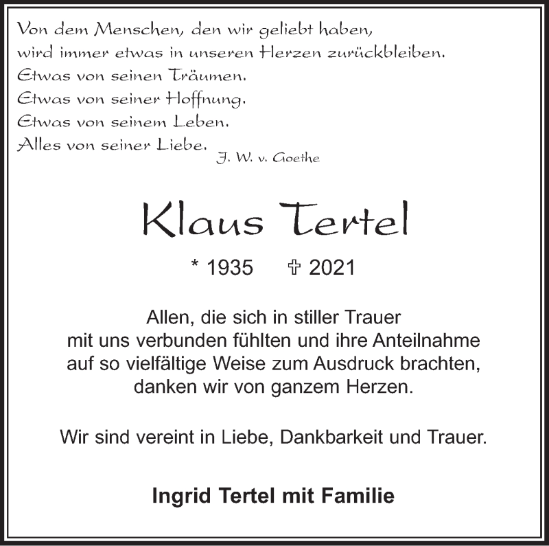  Traueranzeige für Klaus Tertel vom 15.01.2022 aus Leonberger Kreiszeitung / Strohgäu Extra