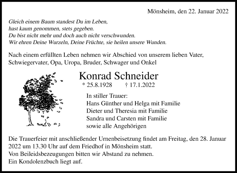  Traueranzeige für Konrad Schneider vom 22.01.2022 aus Leonberger Kreiszeitung / Strohgäu Extra