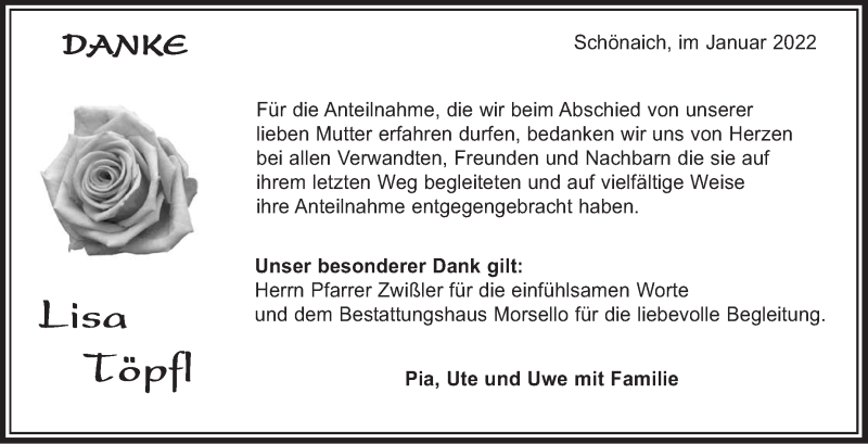  Traueranzeige für Lisa Töpfl vom 07.01.2022 aus Leonberger Kreiszeitung / Strohgäu Extra