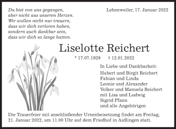 Traueranzeige von Liselotte Reichert von Leonberger Kreiszeitung / Strohgäu Extra