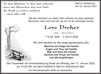Traueranzeige von Lore Dreher von Leonberger Kreiszeitung / Strohgäu Extra