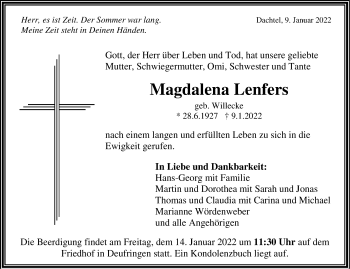 Traueranzeige von Magdalena Lenfers von Leonberger Kreiszeitung / Strohgäu Extra