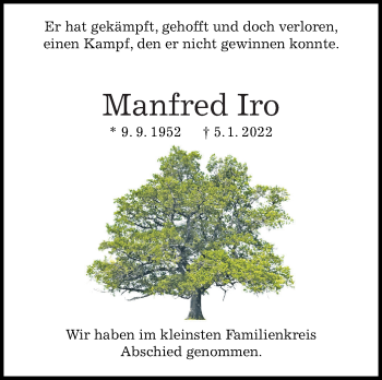 Traueranzeige von Manfred Iro von Leonberger Kreiszeitung / Strohgäu Extra