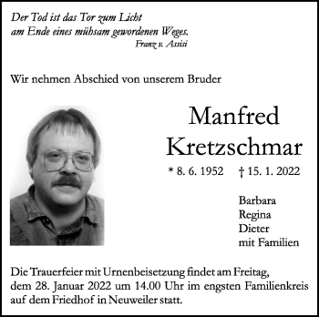 Traueranzeige von Manfred Kretzschmar von Leonberger Kreiszeitung / Strohgäu Extra