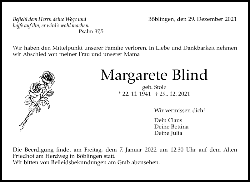  Traueranzeige für Margarete Blind vom 03.01.2022 aus Leonberger Kreiszeitung / Strohgäu Extra