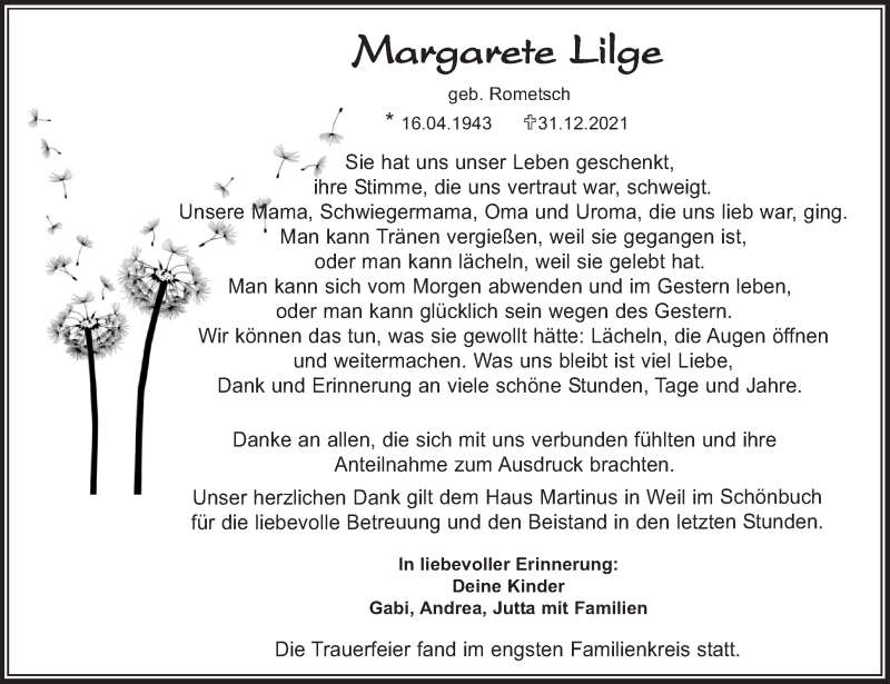  Traueranzeige für Margarete Lilge vom 15.01.2022 aus Leonberger Kreiszeitung / Strohgäu Extra