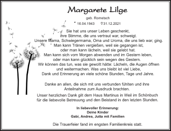Traueranzeige von Margarete Lilge von Leonberger Kreiszeitung / Strohgäu Extra