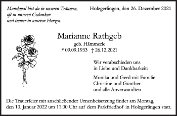 Traueranzeige von Marianne Rathgeb von Leonberger Kreiszeitung / Strohgäu Extra