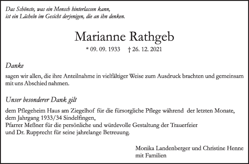  Traueranzeige für Marianne Rathgeb vom 28.01.2022 aus Leonberger Kreiszeitung / Strohgäu Extra