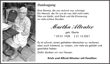 Traueranzeige von Martha Altvater von Leonberger Kreiszeitung / Strohgäu Extra