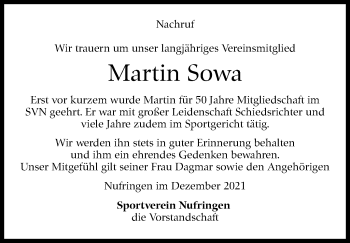 Traueranzeige von Martin Sowa von Leonberger Kreiszeitung / Strohgäu Extra