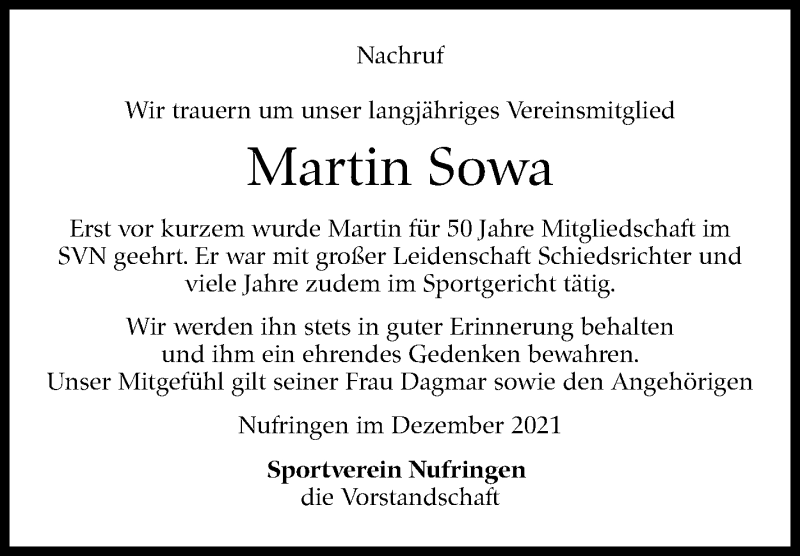  Traueranzeige für Martin Sowa vom 14.01.2022 aus Leonberger Kreiszeitung / Strohgäu Extra