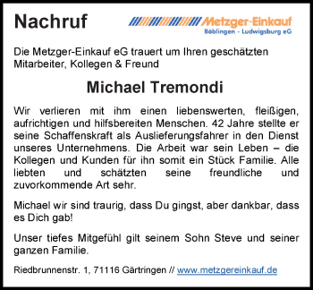 Traueranzeige von Michael Tremondi von Leonberger Kreiszeitung / Strohgäu Extra