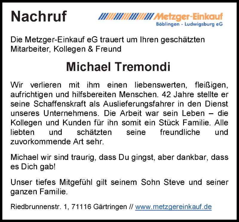  Traueranzeige für Michael Tremondi vom 05.01.2022 aus Leonberger Kreiszeitung / Strohgäu Extra