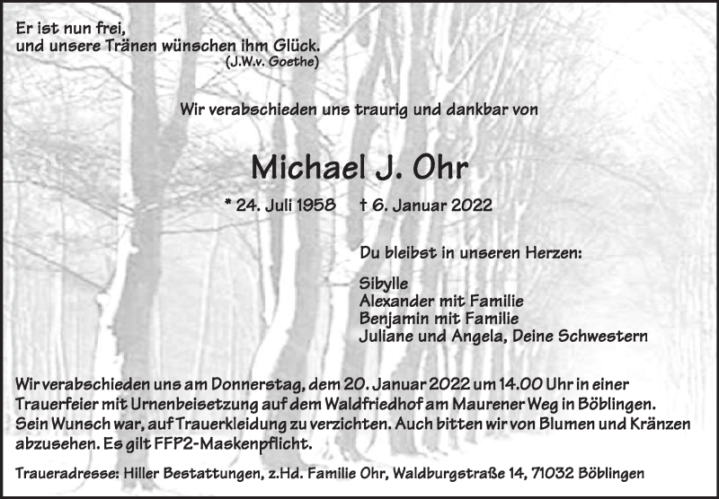  Traueranzeige für Michael J. Ohr vom 15.01.2022 aus Leonberger Kreiszeitung / Strohgäu Extra
