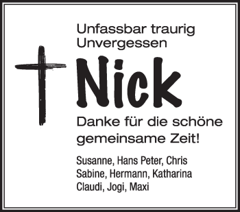 Traueranzeige von Nick  von Leonberger Kreiszeitung / Strohgäu Extra