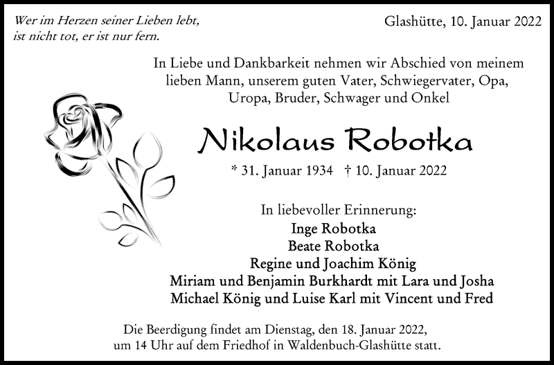  Traueranzeige für Nikolaus Robotka vom 14.01.2022 aus Leonberger Kreiszeitung / Strohgäu Extra