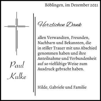 Traueranzeige von Paul Kulke von Leonberger Kreiszeitung / Strohgäu Extra