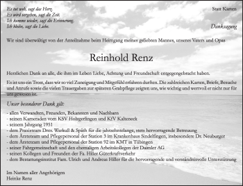 Traueranzeige von Reinhold Renz von Leonberger Kreiszeitung / Strohgäu Extra