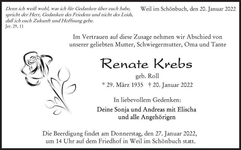  Traueranzeige für Renate Krebs vom 25.01.2022 aus Leonberger Kreiszeitung / Strohgäu Extra