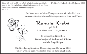 Traueranzeige von Renate Krebs von Leonberger Kreiszeitung / Strohgäu Extra