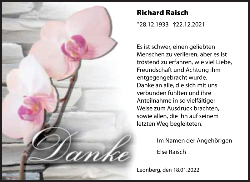  Traueranzeige für Richard Raisch vom 20.01.2022 aus Leonberger Kreiszeitung / Strohgäu Extra