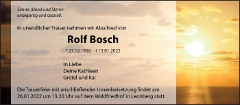 Traueranzeige von Rolf Bosch von Leonberger Kreiszeitung / Strohgäu Extra