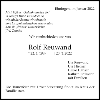 Traueranzeige von Rolf Reuwand von Leonberger Kreiszeitung / Strohgäu Extra